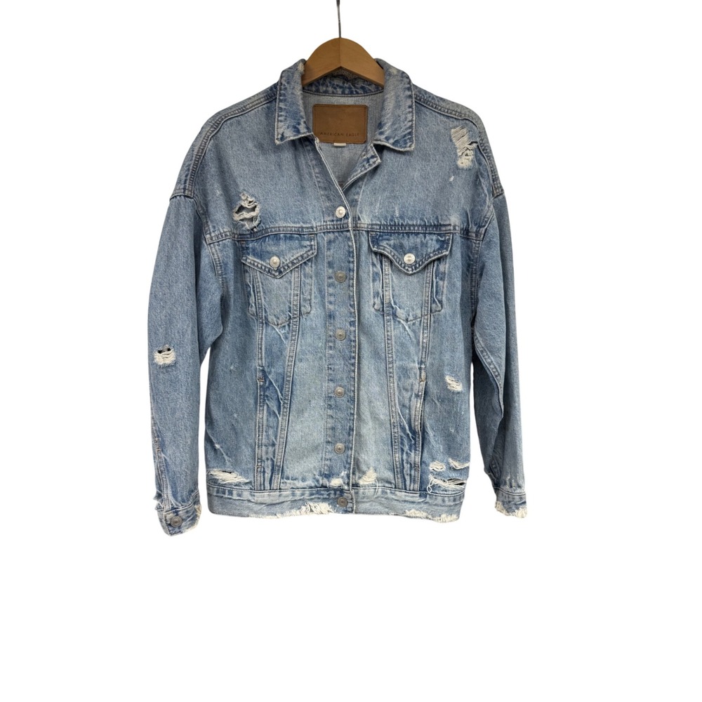 American Eagle Distressed Denim Trucker‎ Jacket Light Wash Oversized XS